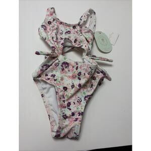 Sweet Honey Girls One Piece Swimsuit Floral Pink PurpleRuffles Bathing Suit 6M